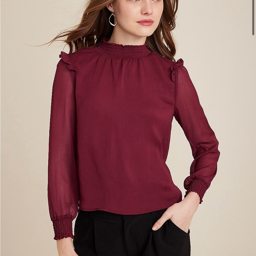 Maurices Vigoss High Neck Ruffle Trim Blouse, Mulberry Jam, X-Large